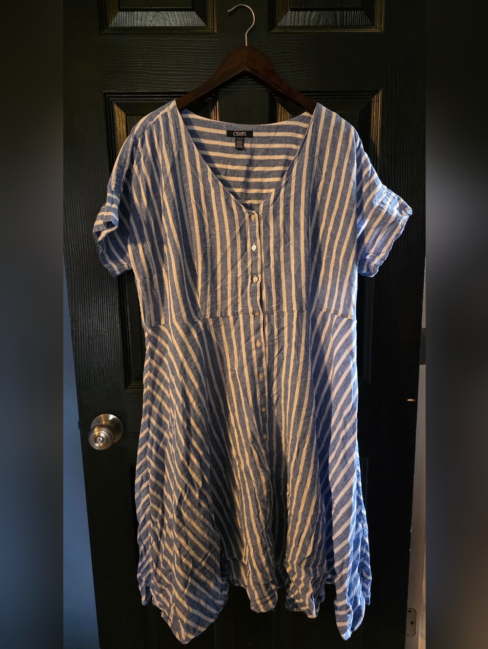 Chaps Blue and White Striped Midi Button-Front Dress